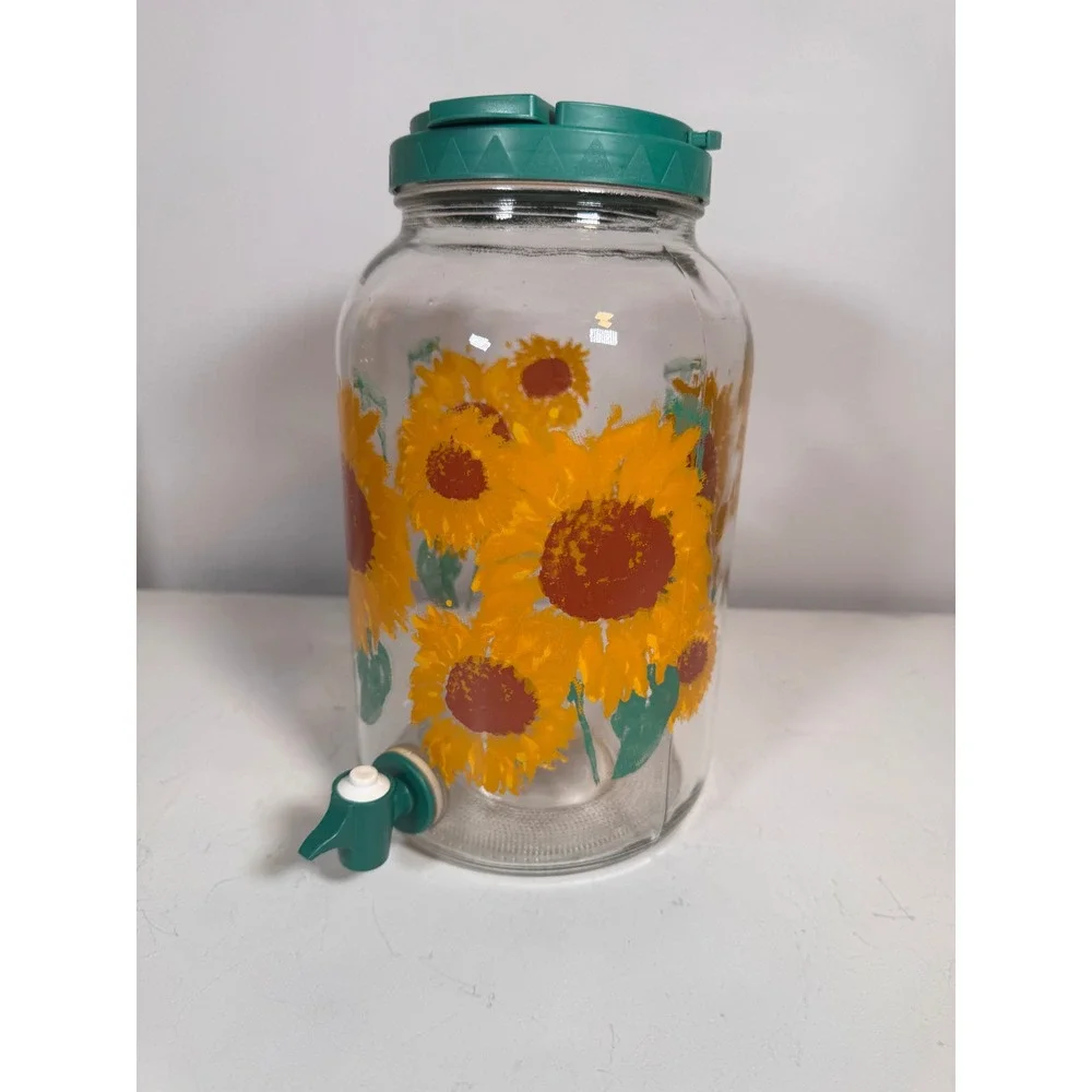 Sun Tea Glass Beverage Dispenser Sunflower Print Vintage